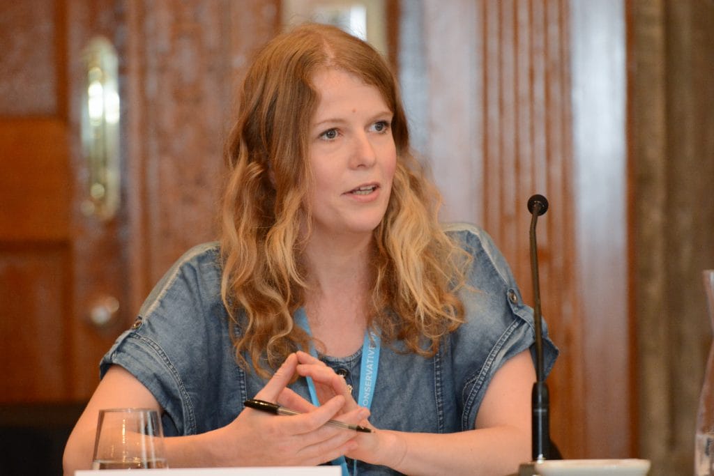 Olga FitzRoy speaking at the UK Music Conservative Party Conference event in 2019.